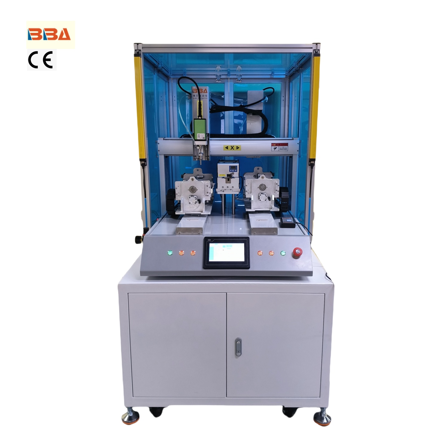 Máquina de aparafusar de cabeça dupla (dianteira e traseira) estilo gabinete; acessório personalizado com mecanismo giratório para fixação; adequado para produtos plásticos; Fabricante chinês.